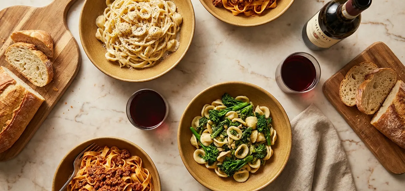 wine with pasta overhead flat lay various pasta dishes and wine bottles marble surface