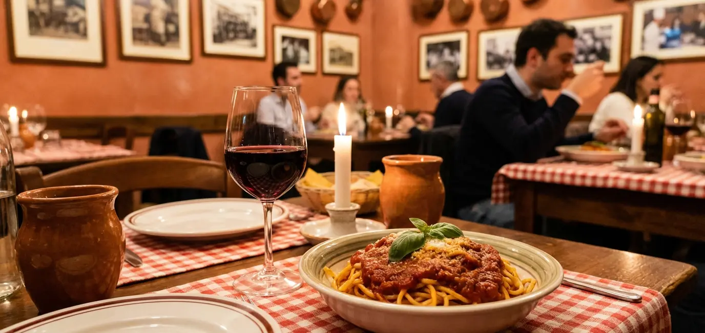 spaghetti tomato red sauce wine with pasta Chianti glass candlelit Italian dinner