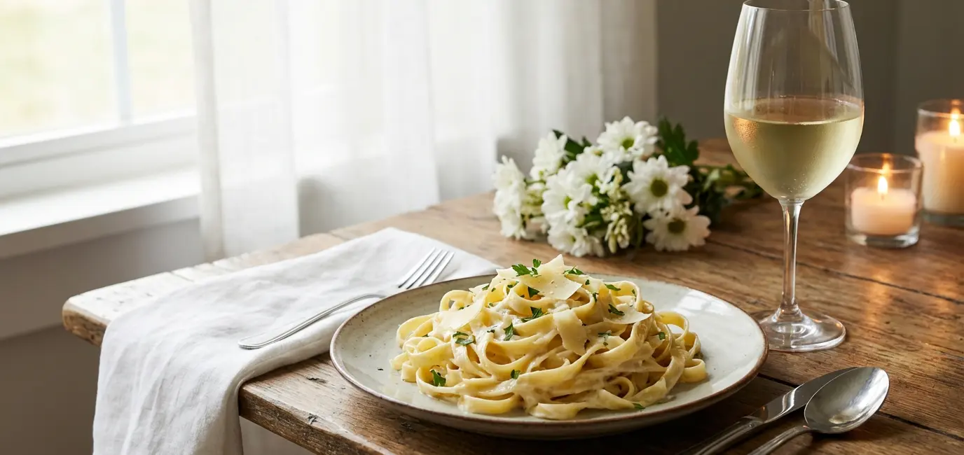 creamy fettuccine alfredo wine with pasta white Chardonnay wine glass elegant table linen