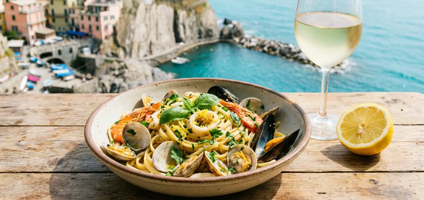 linguine with clams seafood wine with pasta Pinot Grigio bright coastal Italian setting