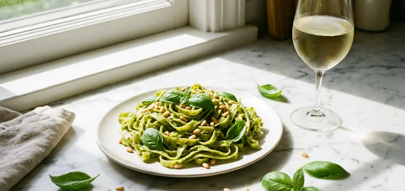 pesto tagliatelle pasta with Pinot Grigio wine marble surface spring light