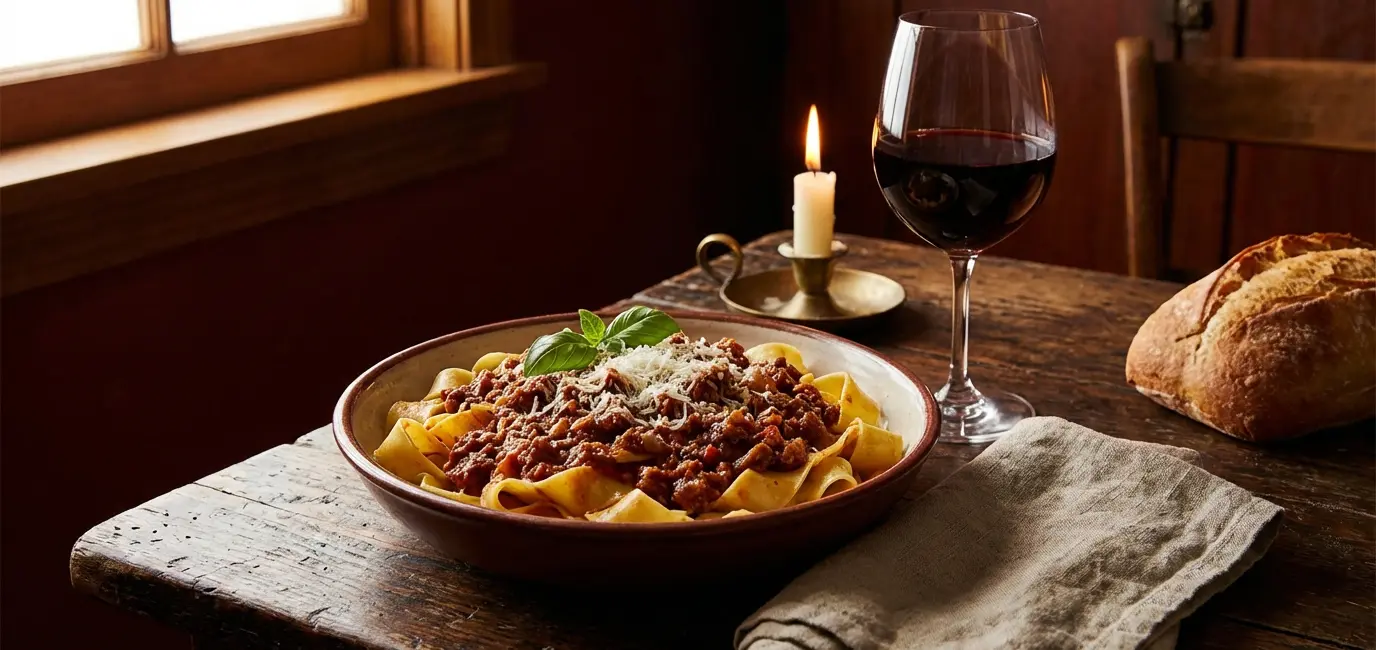Bolognese meat ragu pasta wine with pasta Barolo red wine glass rustic dark wood table