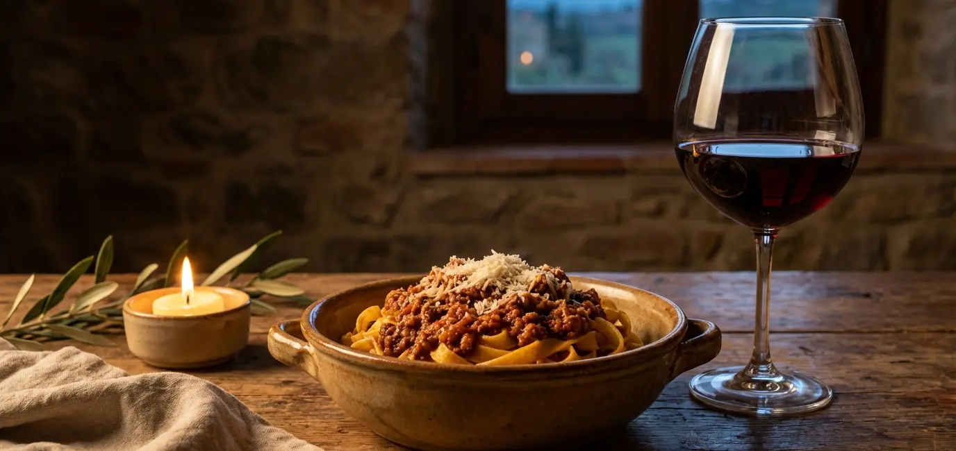 hearty Bolognese ragu pasta with Barolo Italian red wine rustic table candlelight