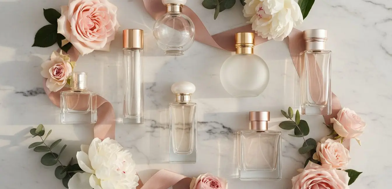 perfume layering guide -- flatlay of multiple perfume bottles on marble tray