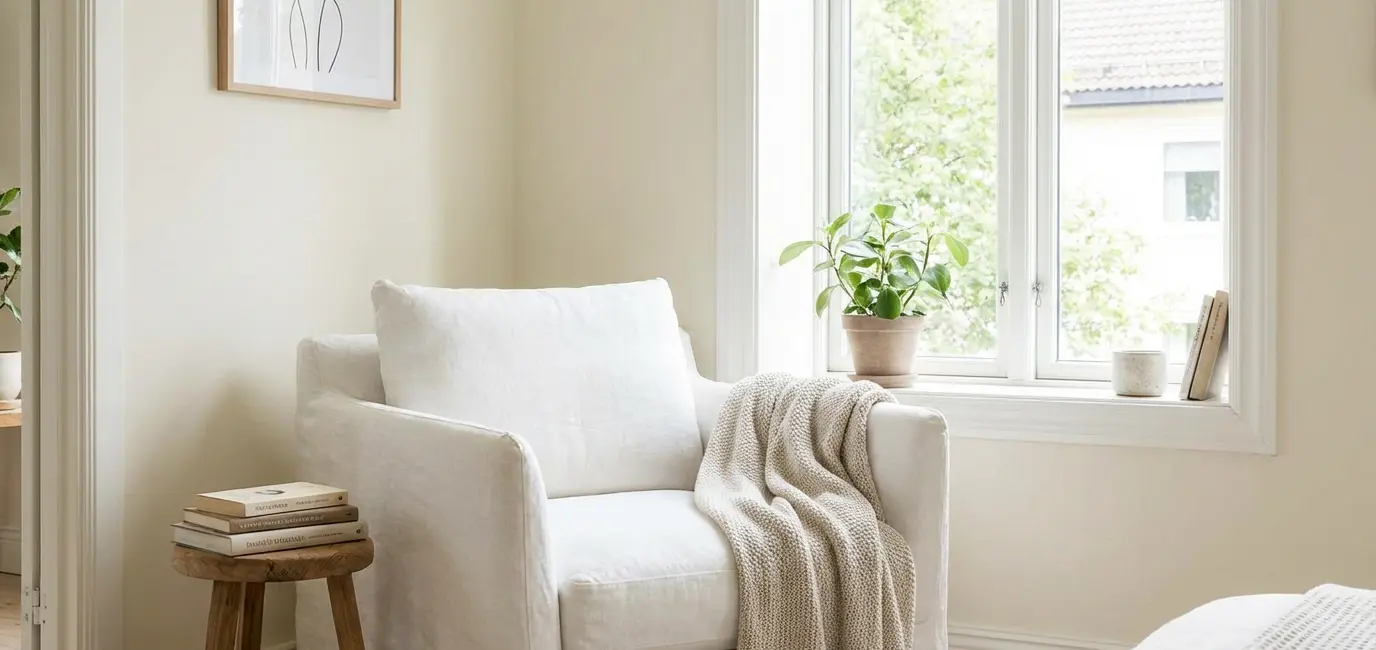 small space reading nook with white chair natural light from window