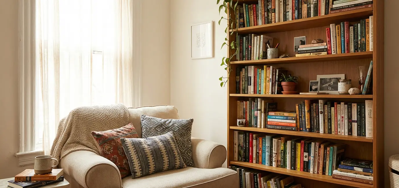 cozy reading nook in small bedroom with comfortable chair soft lighting and bookshelf