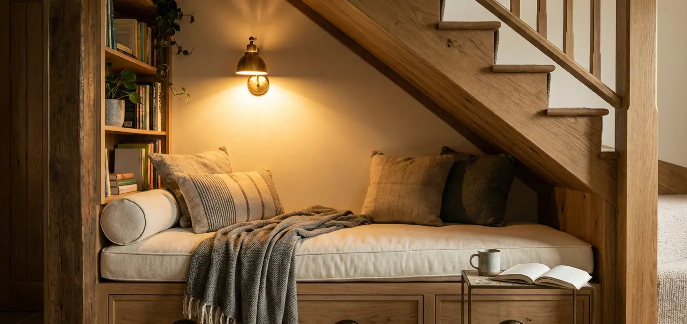 reading nook under stairs with built-in bench and throw pillows