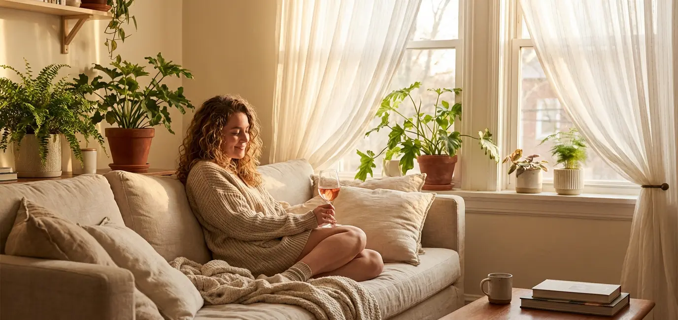 woman relaxing at home with glass of rose wine cozy afternoon beginner wine