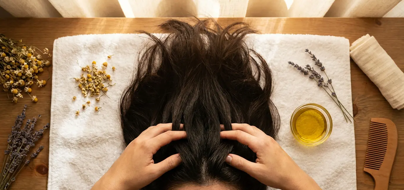 overhead view of scalp massage technique with oil during at home japanese head spa treatment
