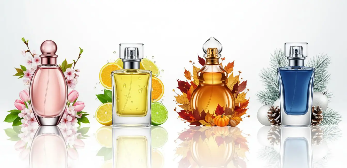 seasonal perfume layering guide -- four bottles arranged with seasonal flowers