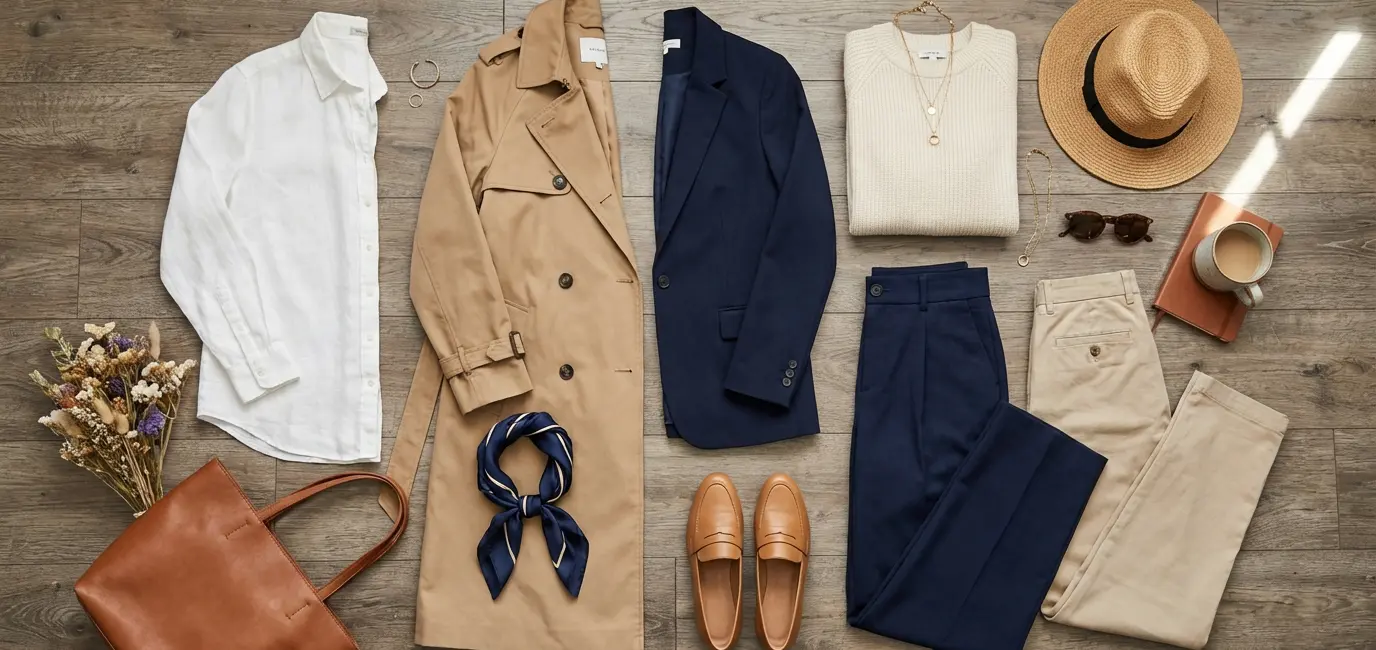 spring capsule wardrobe neutral color palette whites tans navy blues lifestyle