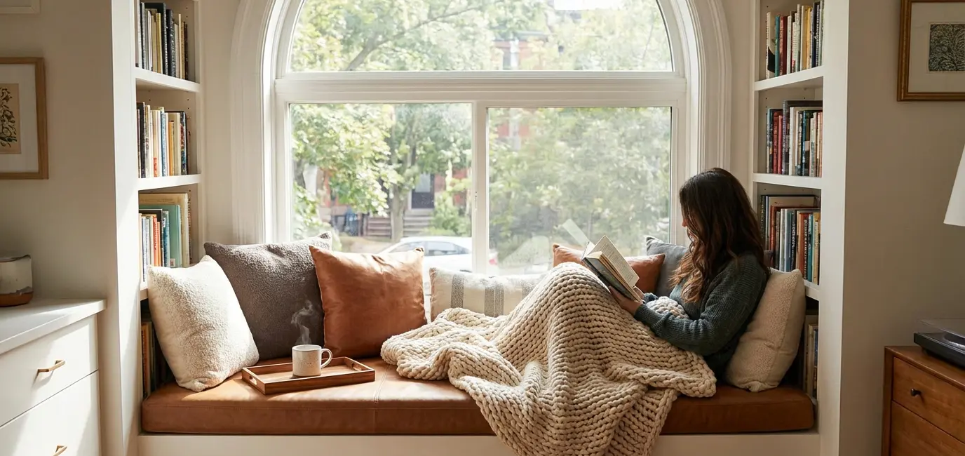 window seat reading nook small apartment with storage and warm lighting