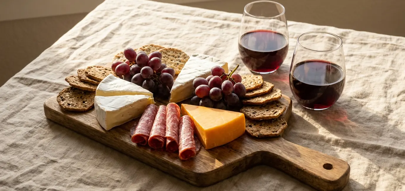 wine and charcuterie board pairing for beginners cheese crackers and grapes