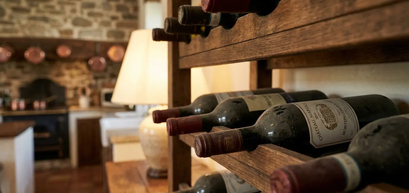 wine bottles stored horizontally on wooden wine rack in home kitchen