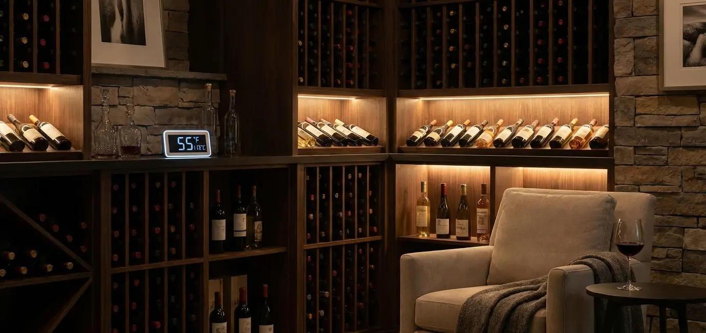 home wine storage with thermometer showing ideal temperature for how to store wine at home
