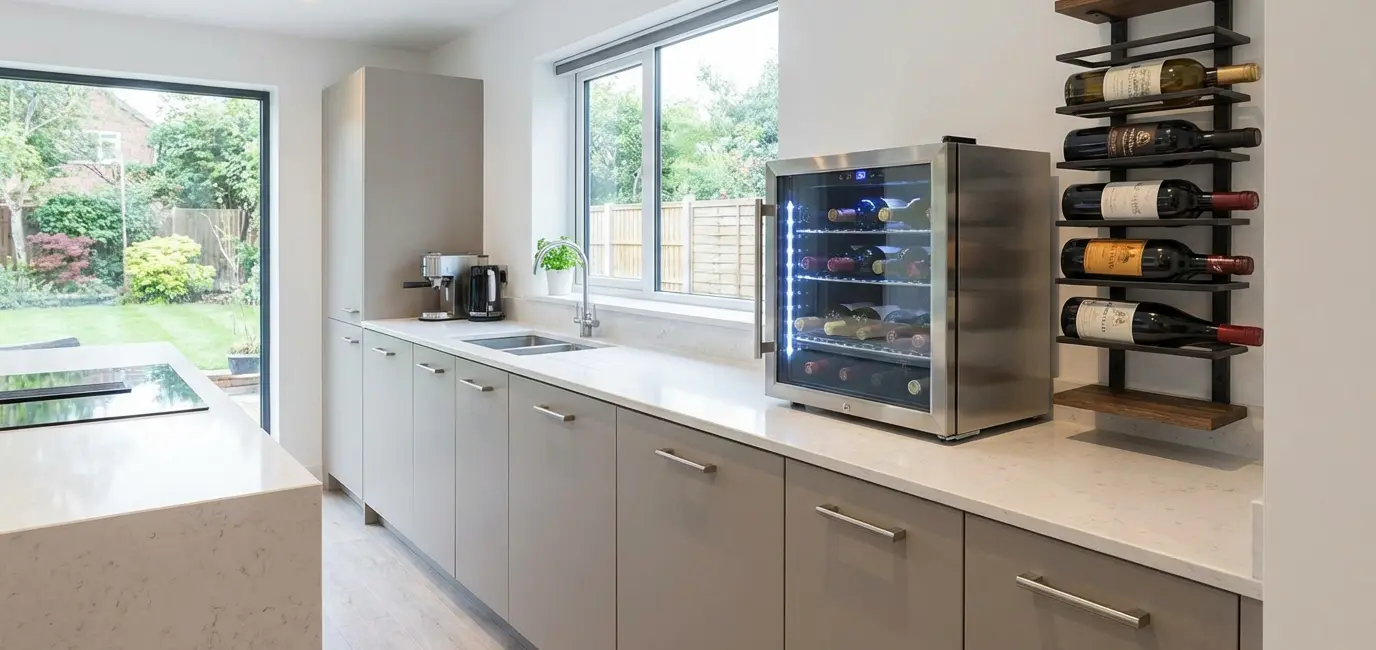countertop wine fridge with glass door next to wall mounted wine rack