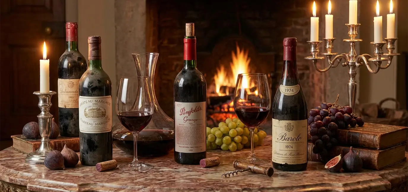 wine bottles of various vintages arranged on marble surface with poured glass