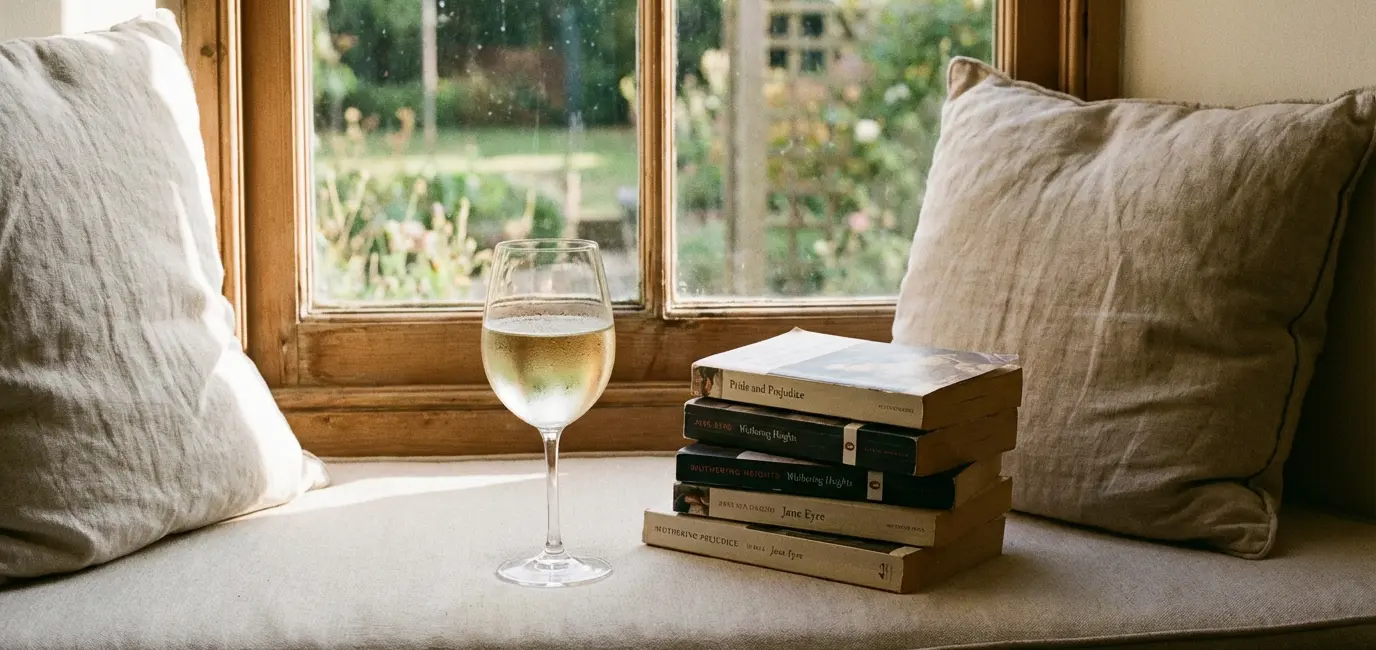 glass of chilled white wine next to classic literary novels on sun-drenched window seat