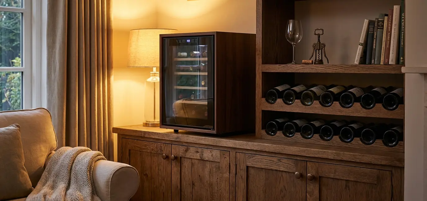 Small home wine collection with countertop wine fridge and shelving unit