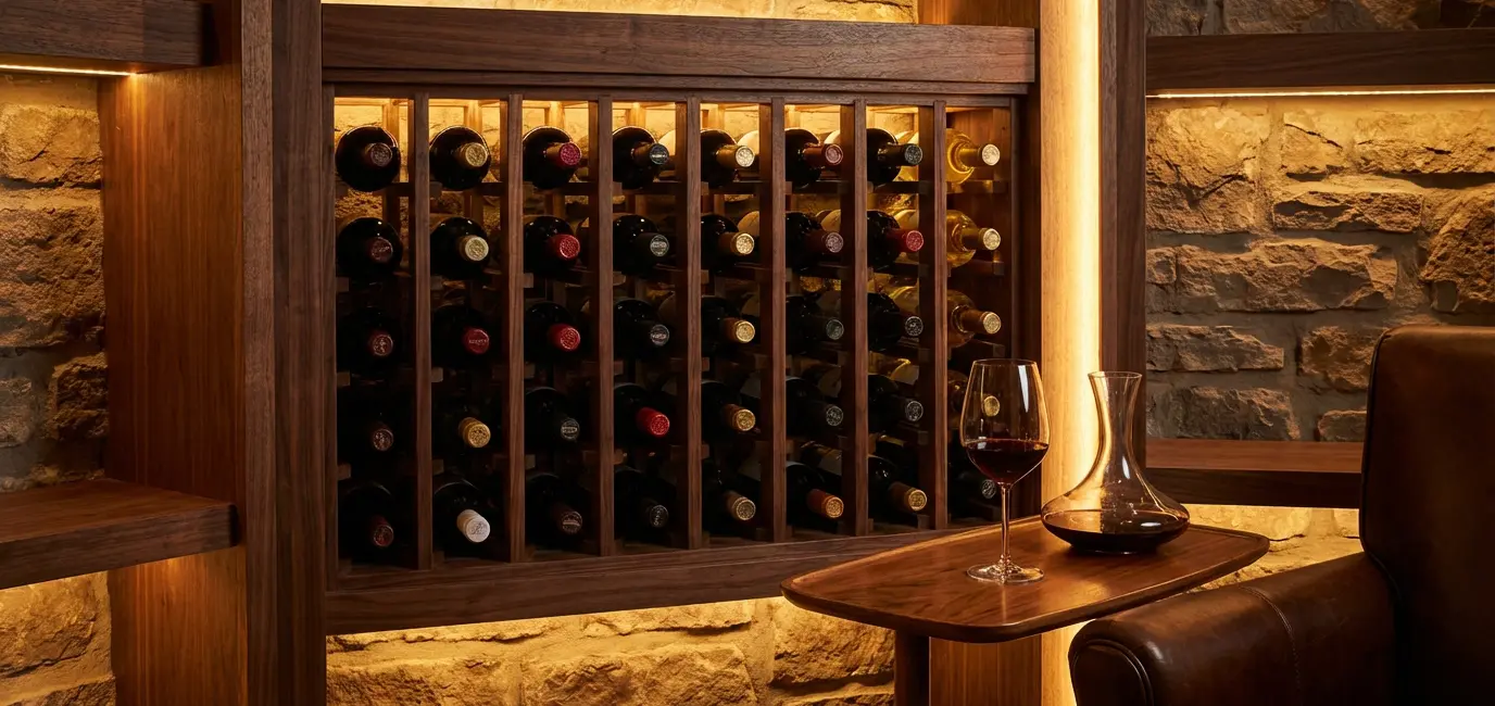 How to build a wine collection on a budget — home wine rack with bottles and poured glass