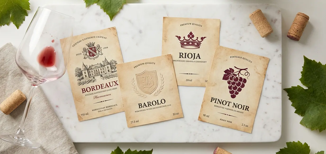 Wine bottle labels from different regions arranged on marble — building a wine collection