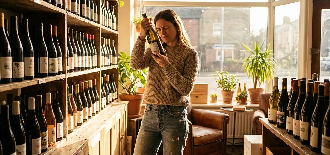 Woman browsing wine at a boutique wine shop examining a bottle label