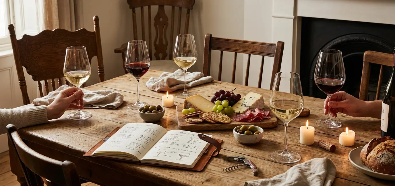 Home wine tasting setup with six glasses and tasting notes notebook on wooden table
