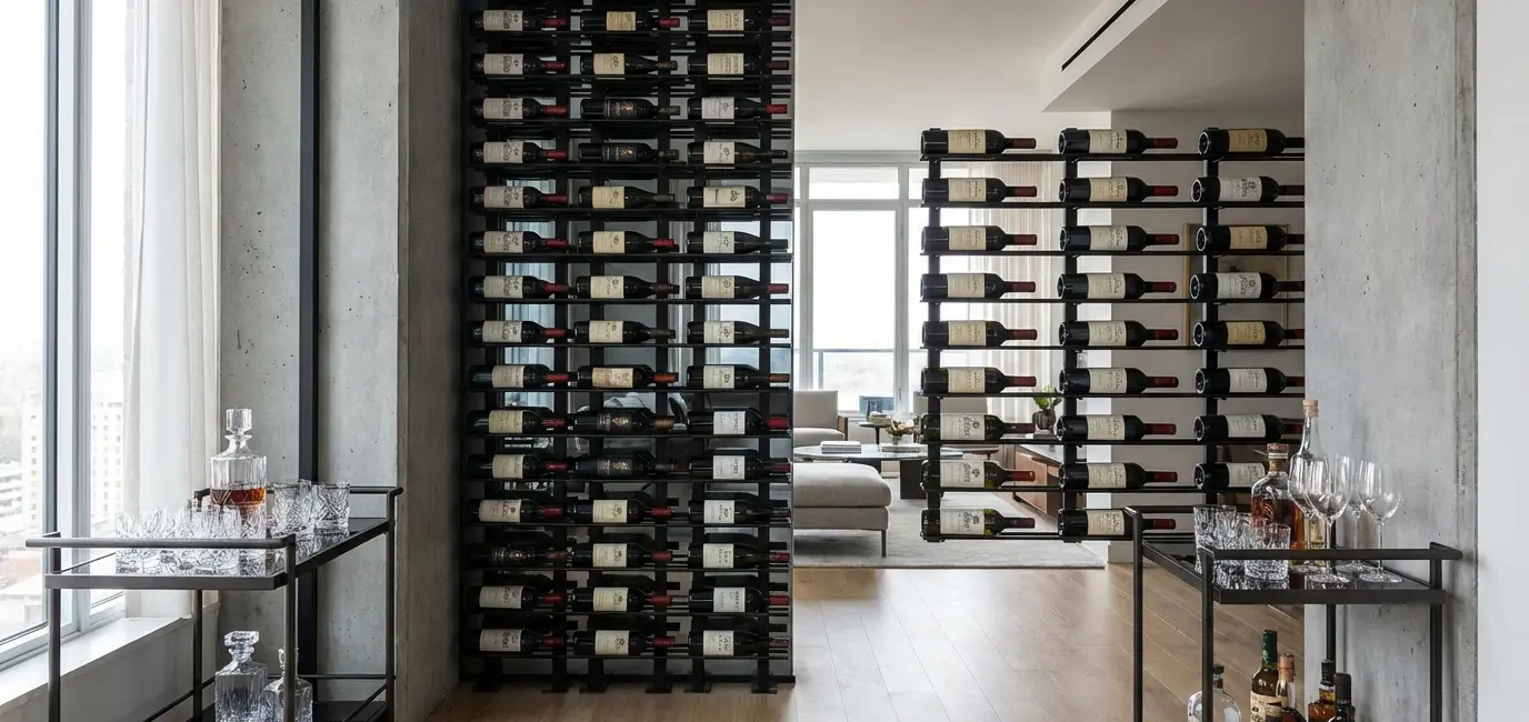 Floor-to-ceiling black metal wine rack in modern apartment with bar cart alongside