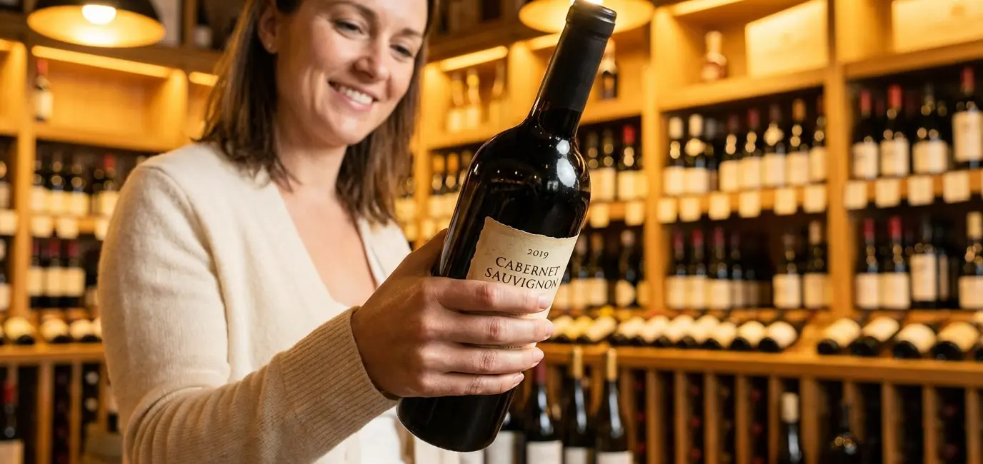 woman reading a wine label for beginners in a boutique wine shop