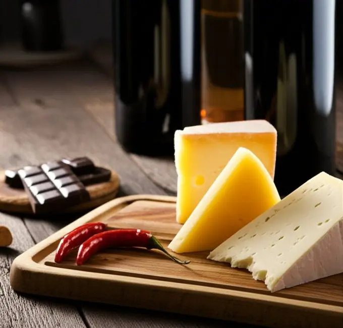 wine and cheese board for Mexican food pairing with chili and dark chocolate