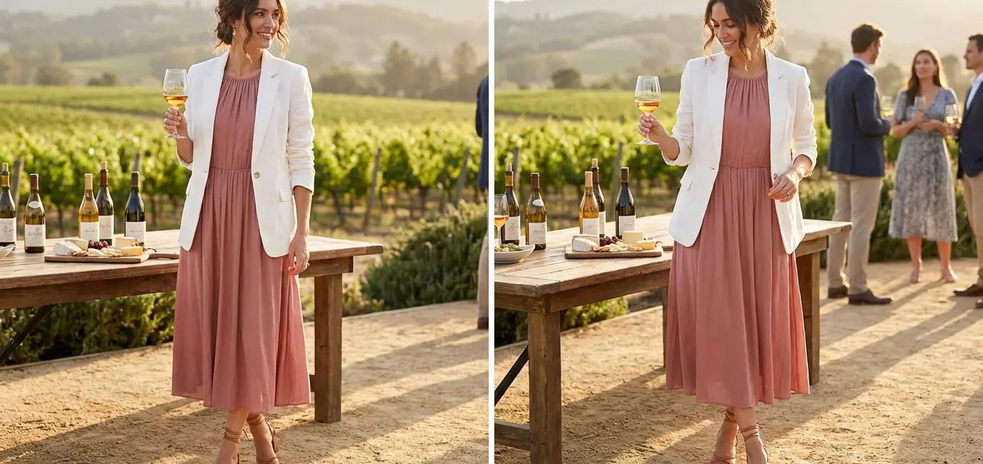 Woman in a dusty rose midi dress at an outdoor vineyard wine tasting in 2026