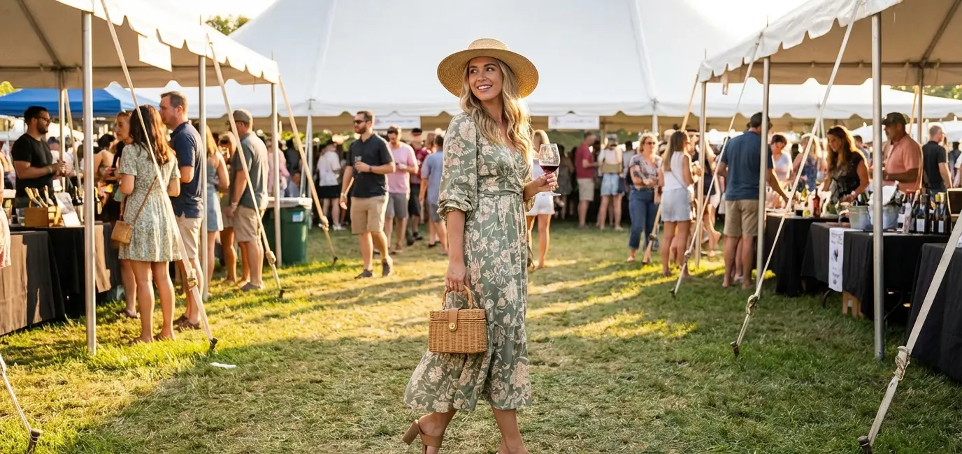 Woman in a sage green floral midi dress and sun hat at an outdoor wine festival in 2026