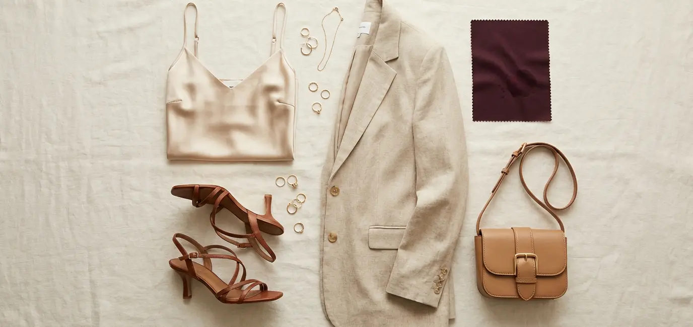 Flat lay of wine tasting outfit essentials including silk cami linen blazer sandals and gold jewelry