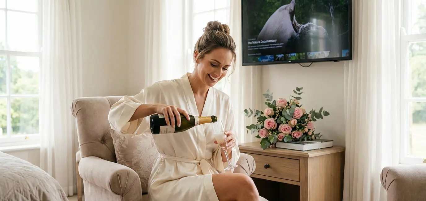woman in silk robe pouring champagne flute watching TV Bravo night in aspirational lifestyle