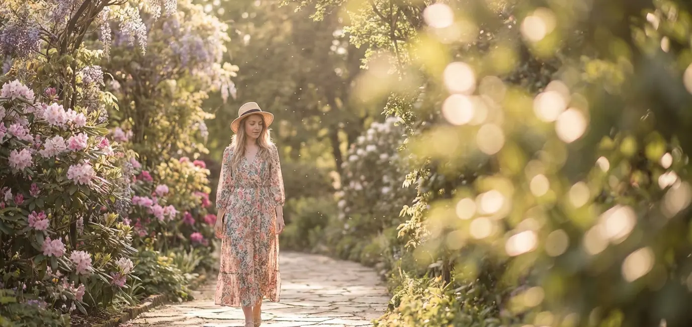 woman walking through spring garden path in floral dress dreamy bokeh lifestyle