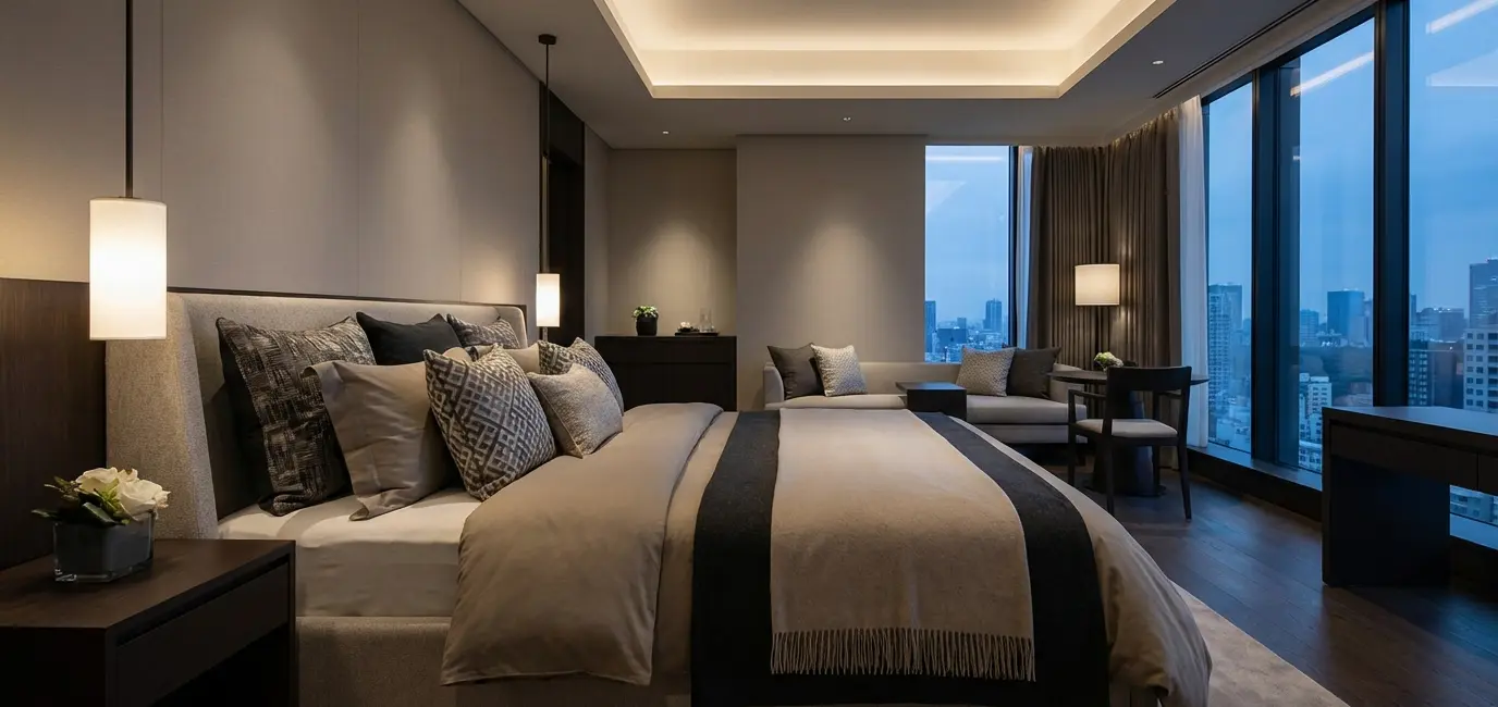 bedroom with luxury hotel aesthetic layered bedding sophisticated design