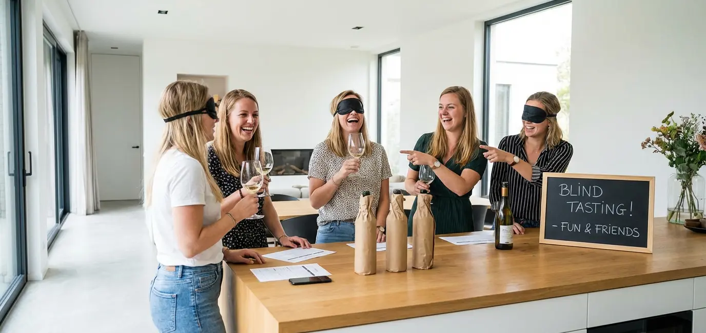 women wine tasting party friends enjoying wine blind tasting game fun