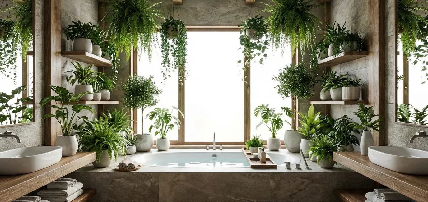bathroom botanical plant decor spa like greenery natural light plants