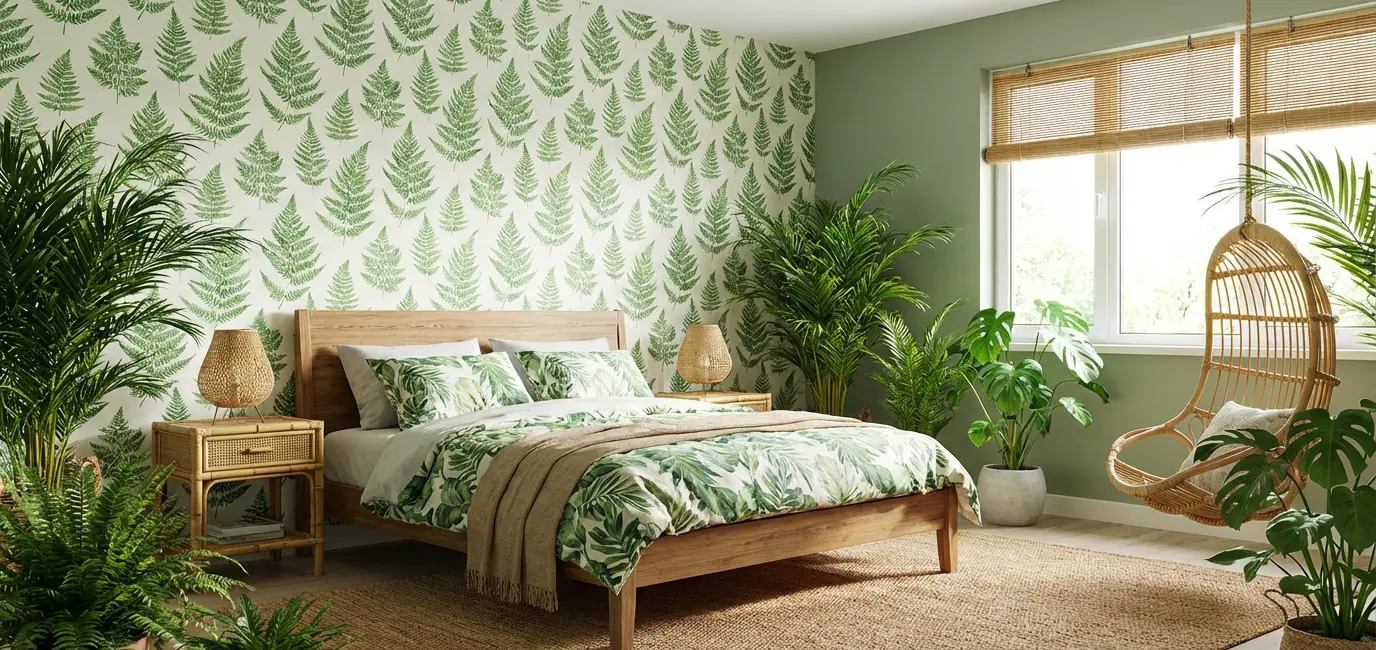 bedroom botanical plant decor green walls fern wallpaper tropical aesthetic