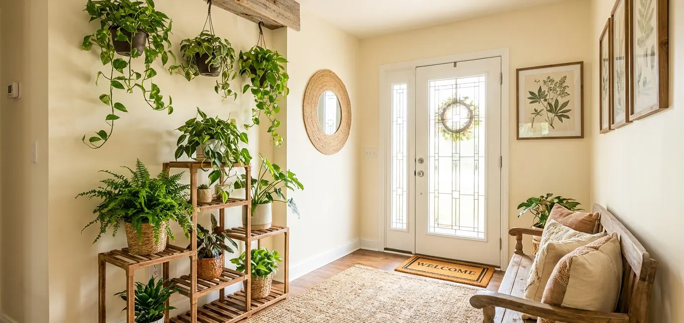 entryway foyer botanical plant stand hanging vines botanical home welcome