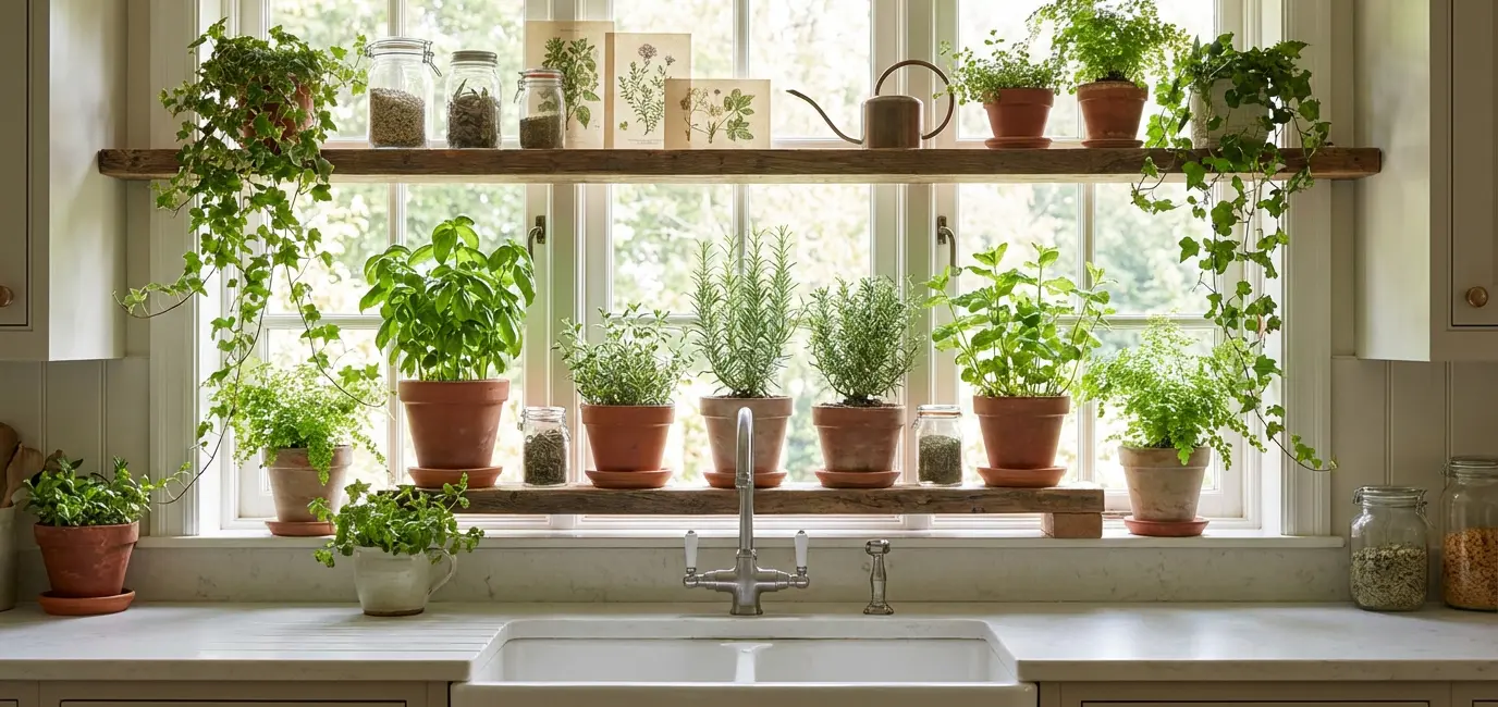 botanical kitchen decor plant window shelf herbs greenery fresh aesthetic