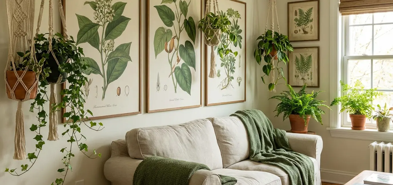 botanical living room wall plant art botanical illustration hanging plants aesthetic