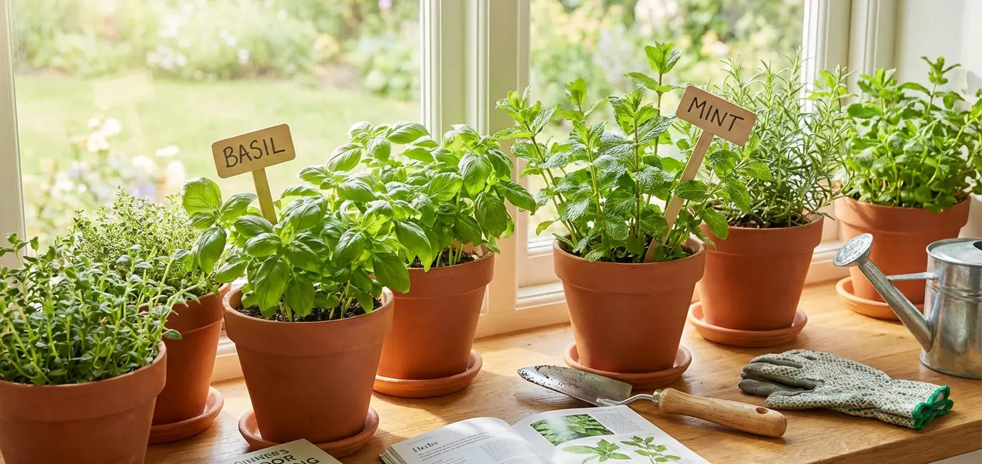 grow fresh herbs indoors sunny windowsill terracotta pots beginner