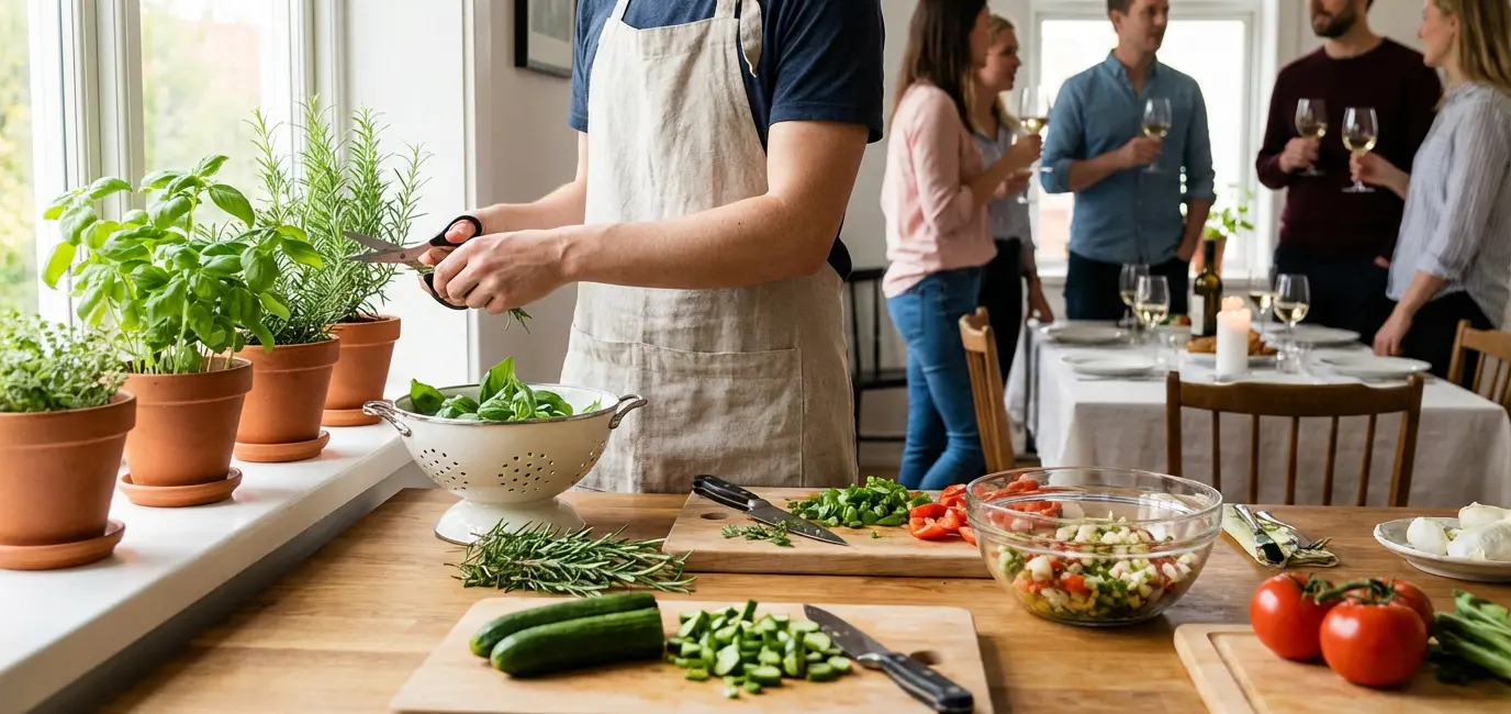 herb garden kitchen windowsill harvesting fresh herbs cooking entertaining
