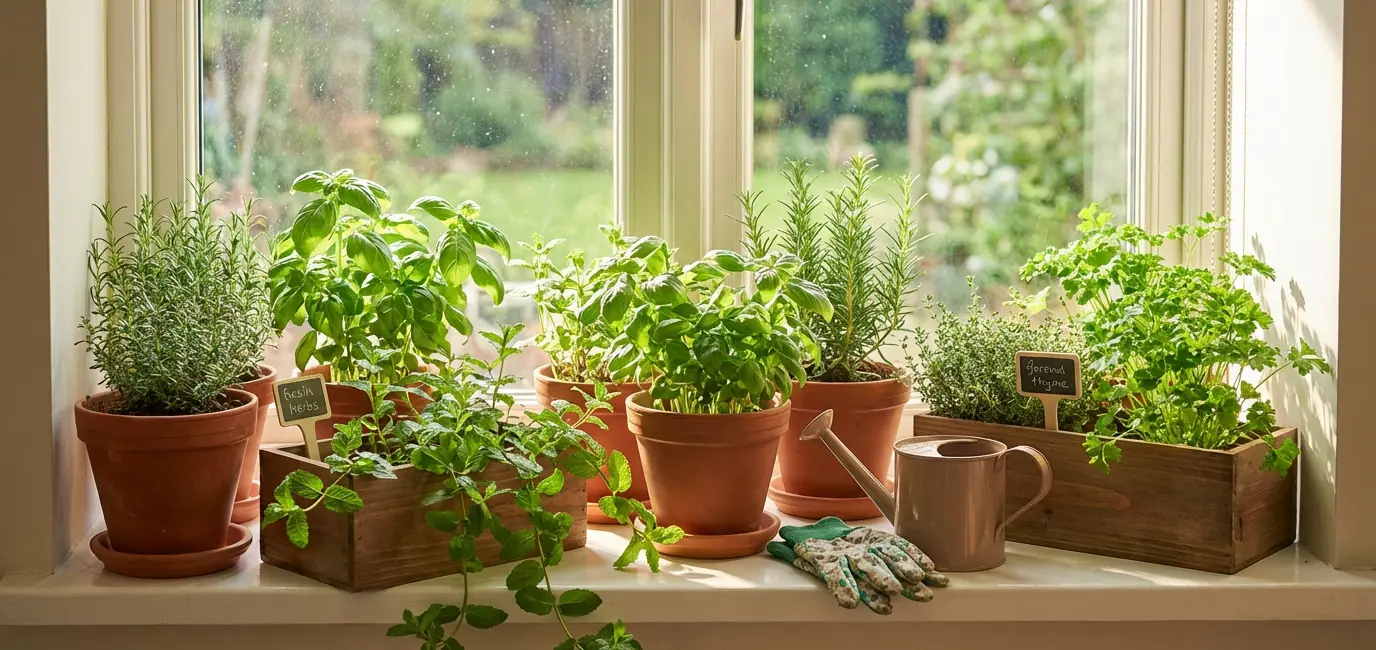 kitchen windowsill herb garden fresh herbs indoor gardening basil mint