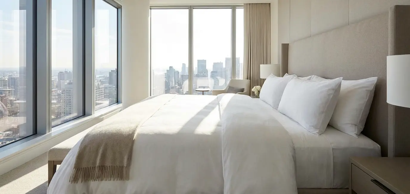 modern bedroom with luxurious bedding high thread count linens white pillows