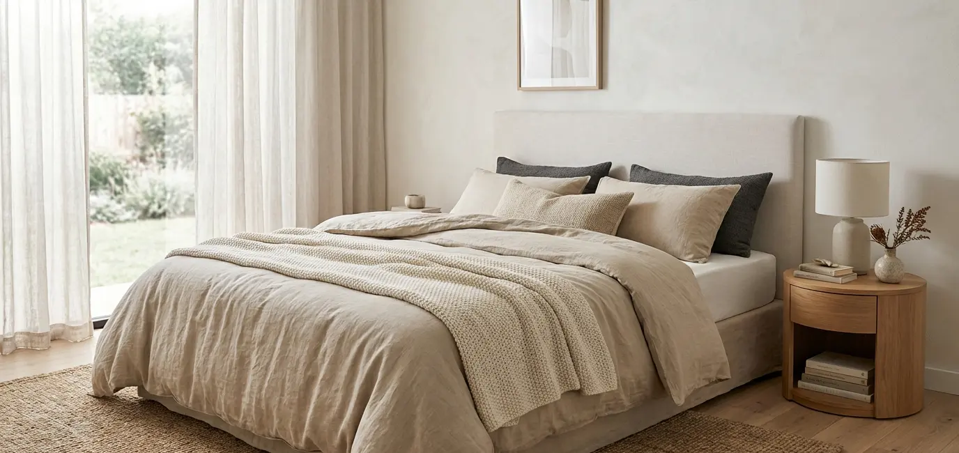 quiet luxury bedroom neutral palette calming aesthetic luxury bedding linen