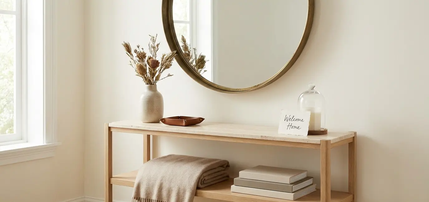 quiet luxury entryway console table mirror neutral aesthetic elegant welcome