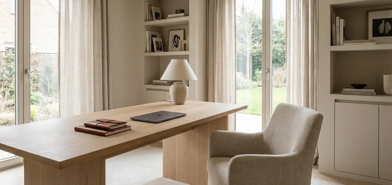 quiet luxury home office minimal desk aesthetic neutral tones timeless design