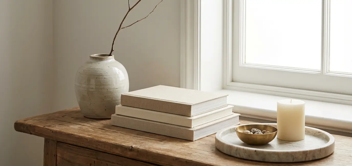 quiet luxury home decor details tabletop styling minimal neutral aesthetic elegant